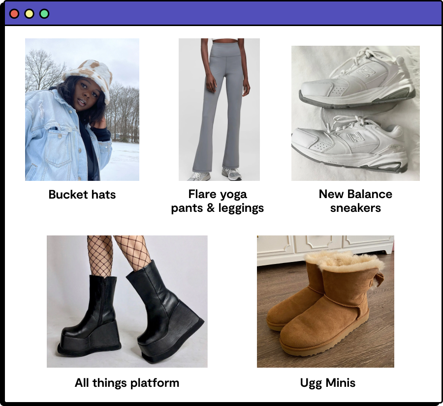 showing 2022 trends bucket hats, flare yoga pants and leggings, new balance sneakers, platform shoes, Ugg minis