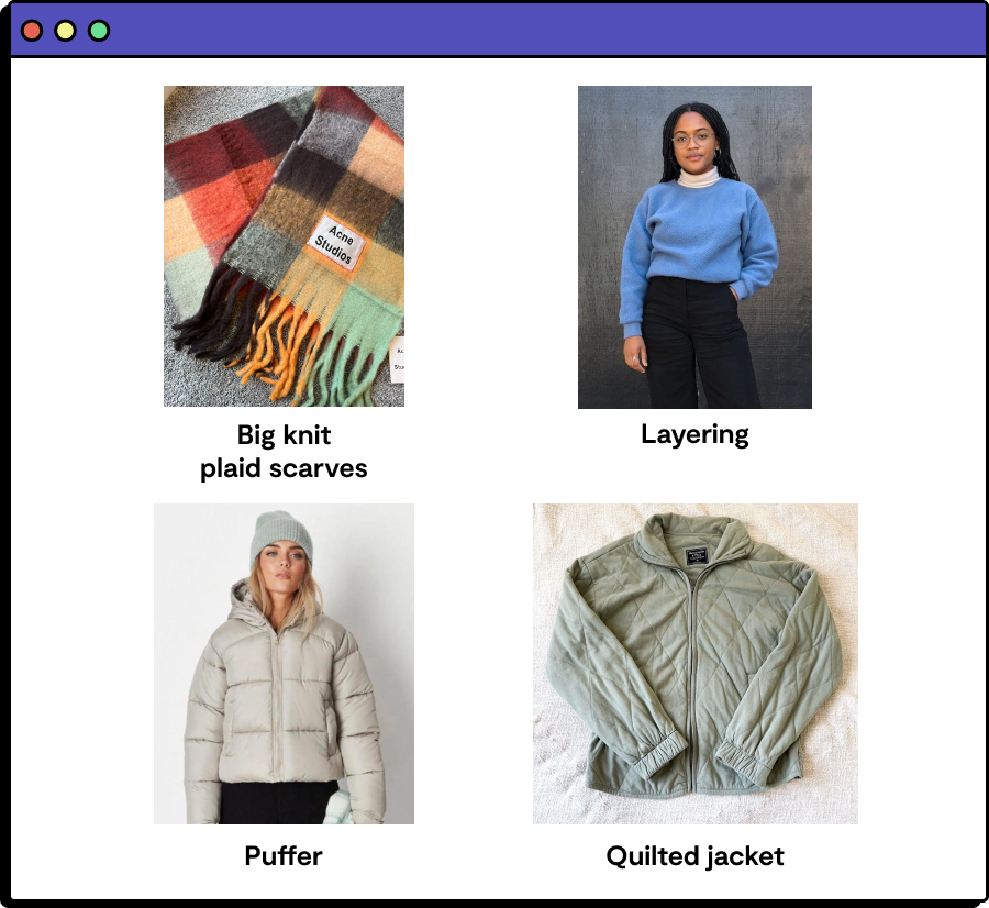 women wearing 2022 fashion trends plaid scarves, Acne studios scarf, puffer, layering, quilted jacket