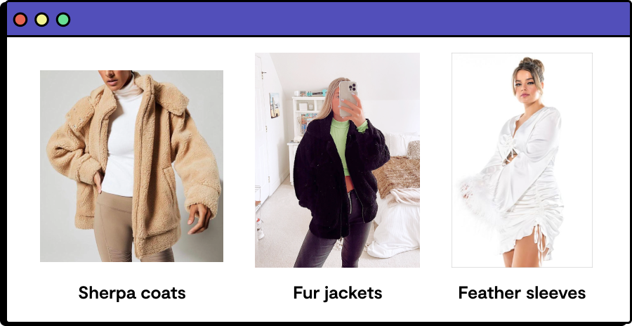 women wearing fashion trends sherpa coats, fur jackets, feather sleeves