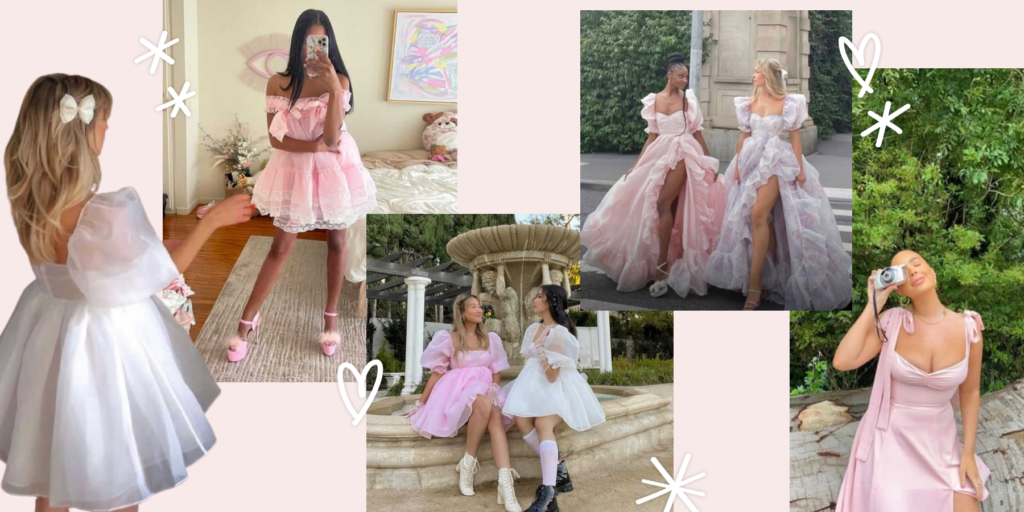 Collage of romantic core pink and lace outfits